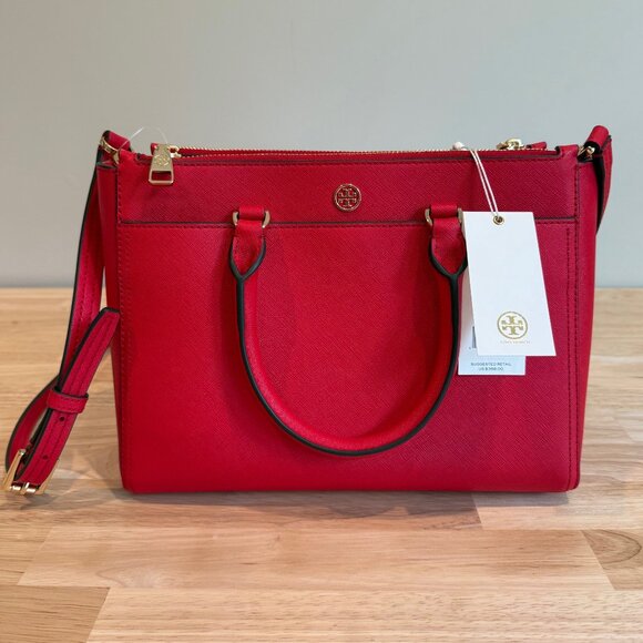 Tory Burch Robinson Small Double-Zip Satchel Bag - Brilliant Red NWT - Picture 1 of 9